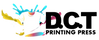 Logo of D.C.T Printing Press with colorful paint splashes around a white shirt.