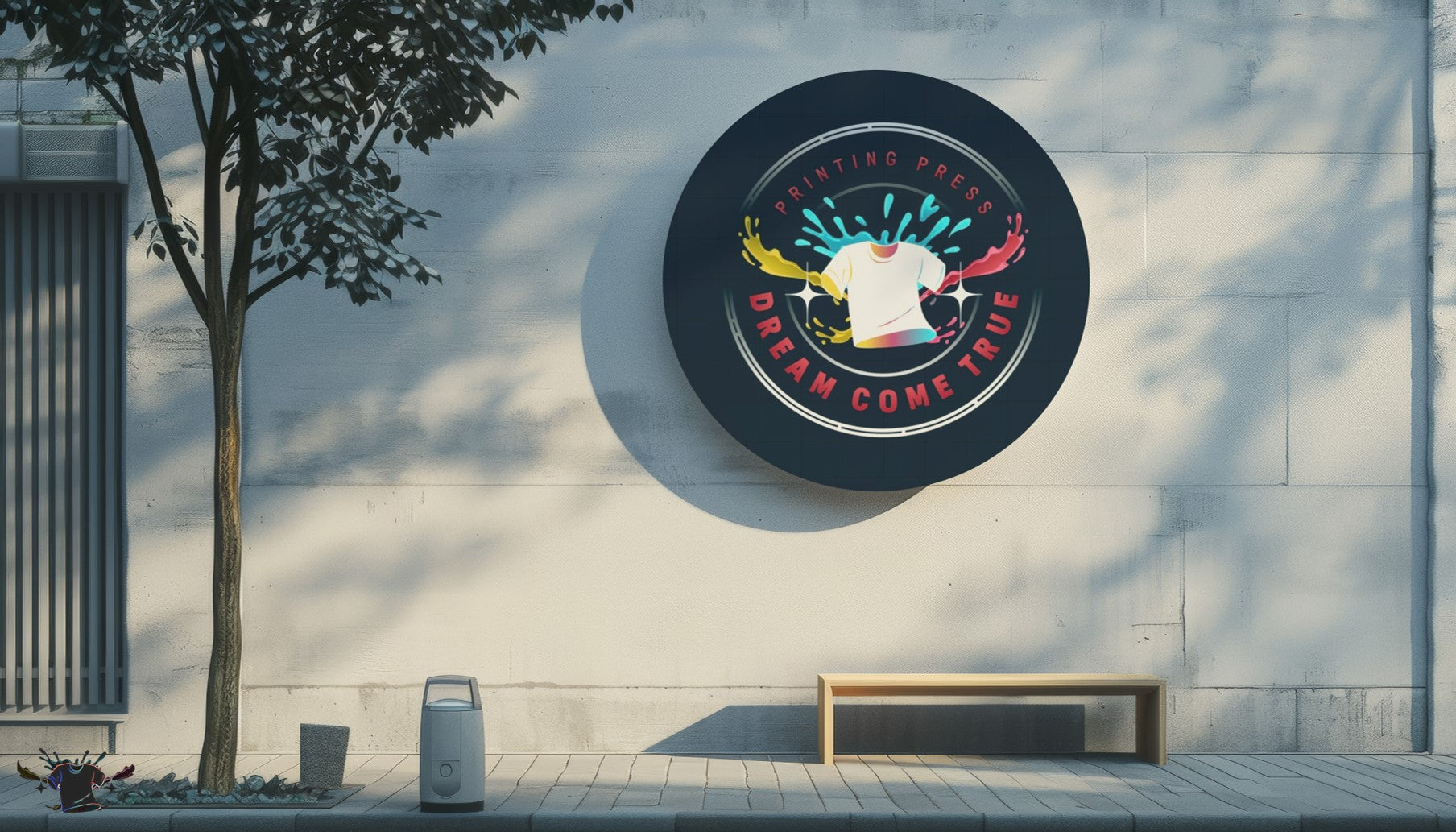 Circular D.C.T. Printing Press logo on a wall with a bench and tree in the background.