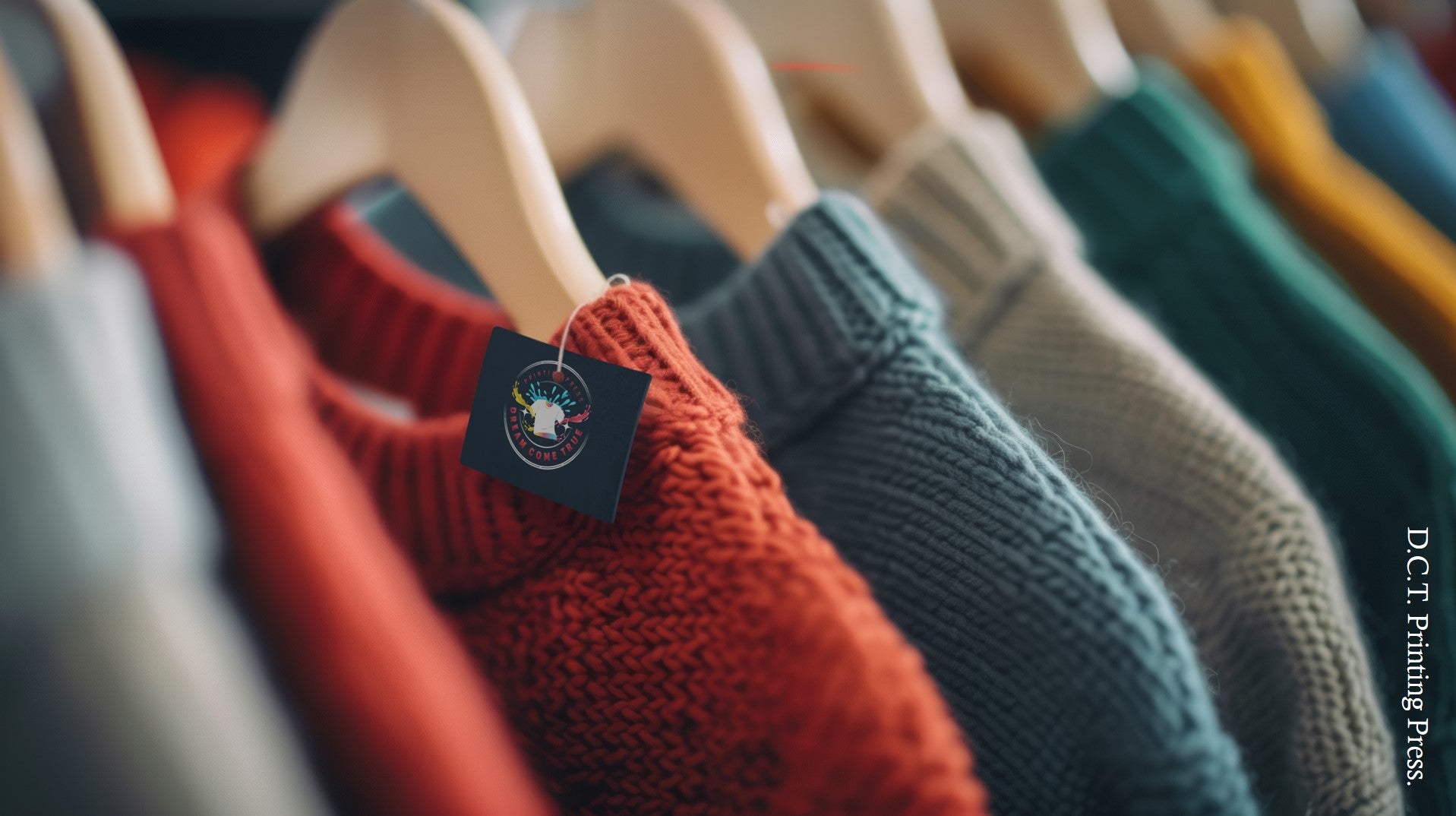 Row of colorful sweaters on hangers with a focus on D.C.T Printing Press branding.